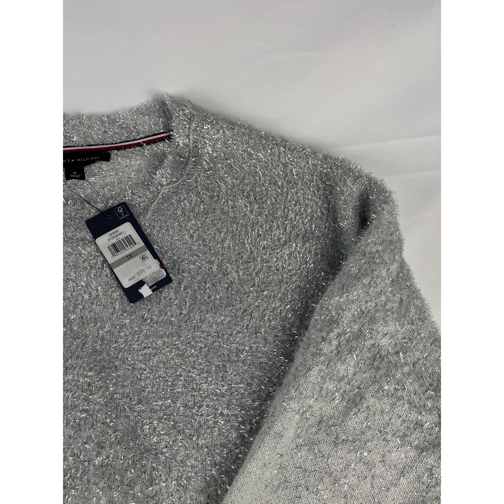 Tommy Hilfiger Women's 1X Metallic Sparkle‎ Knit Sweater Gray White Color Block